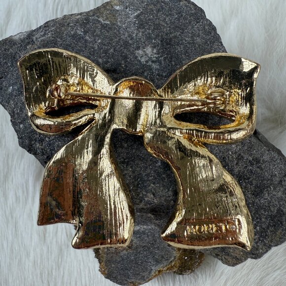 80s MONET Signed Large Gold and Ruby Red Rhinestone Ribbon Bow Sparkling Brooch - Picture 6 of 9